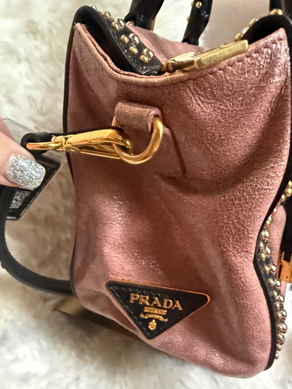 Prada Rose Pink Leather Satchel with Gold Studs and Black Trim & Crossbody Strap - Picture 5 of 10